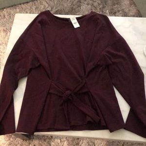 Express Purple Maroon wine long sleeve shirt Front tie waist top